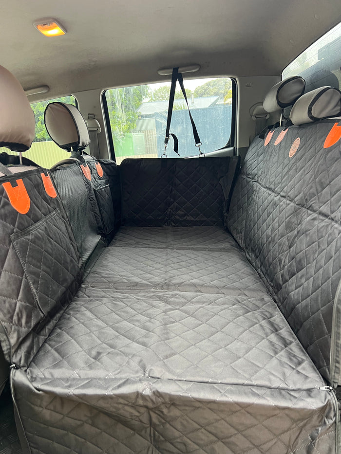 The Top Dog black hard bottom dog car seat cover fitted in a dual-cab ute