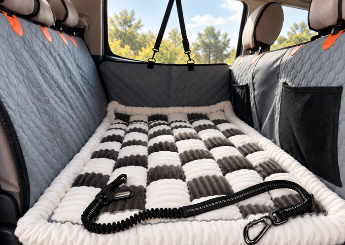 The Top Dog seat cover, The Snooze Cruiser bed and The Anchor seat belt set up in the back seat